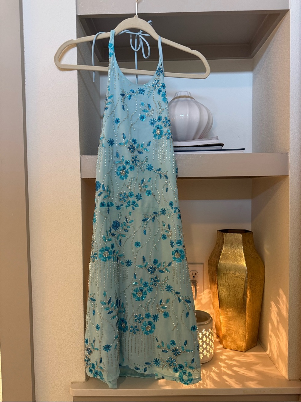 Beaded Aqua Embellished Halter Dress